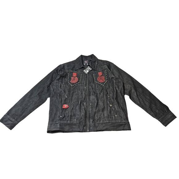 NWT CEZER Denim Jacket Men’s Black Embroidered Patches 100% Cotton Size 2X - Picture 1 of 12
